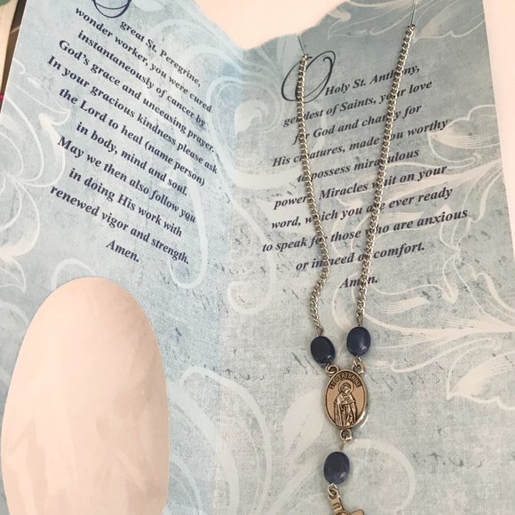 Vintage St Saint Anthony Peregrine Cross Necklace Medal Catholic 21" Blue Beads - Picture 6 of 11